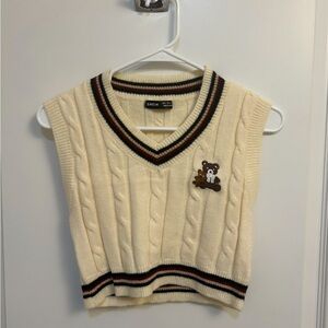 SHEIN Cream Knit Vest with Striped Trim